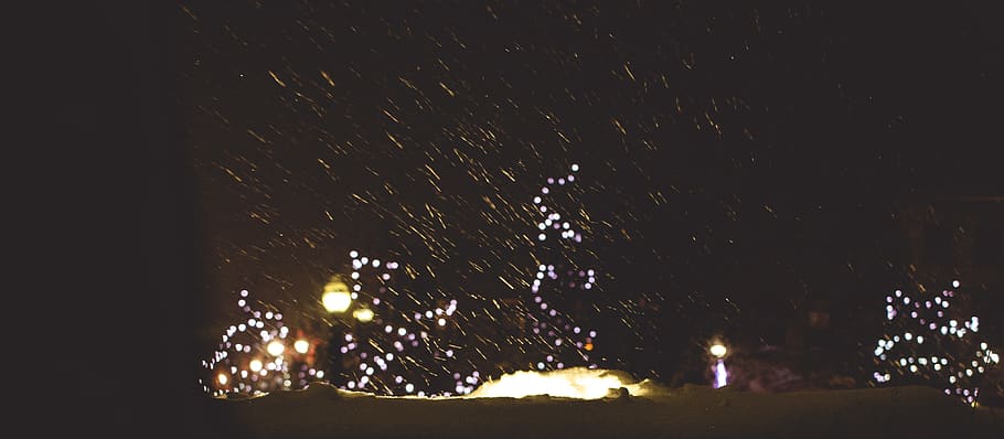 canada, goderich, lights, night, snow fall, christmas lights HD wallpaper