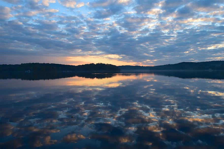 lake, sunset, landscape, reflection, panoramic, nature, evening HD wallpaper