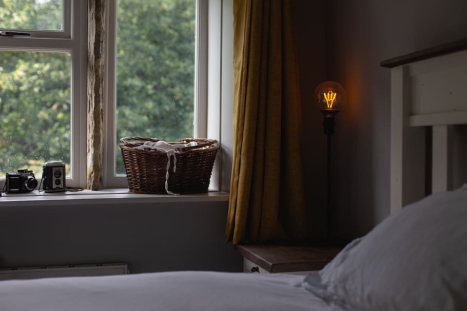 turned-on floor lamp, bed, bedroom, furniture, indoors, lighting equipment HD wallpaper