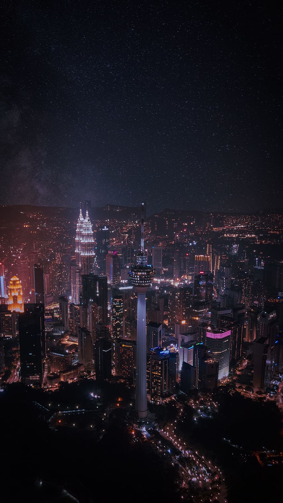 aerial city view, building, sky, star, skyscraper, tower, light HD wallpaper