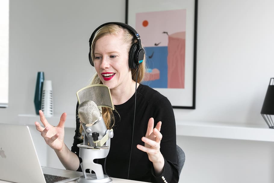 Woman Recording Podcast At Mic Photo, Women, Business, Happy