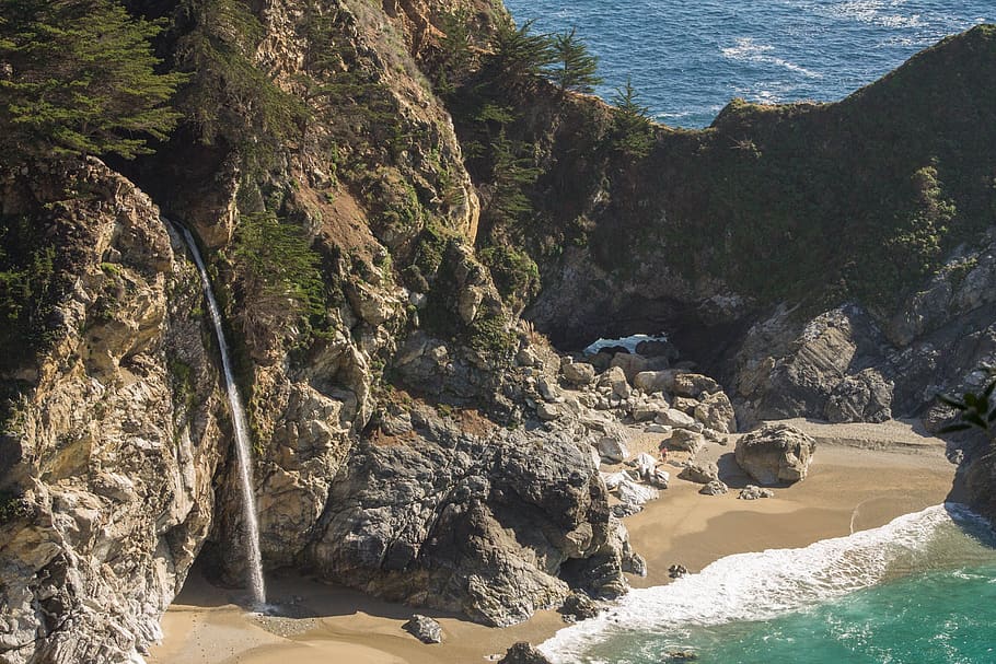 trees, rocky, cliffs, waterfall, coastline, central coast, big sur HD wallpaper