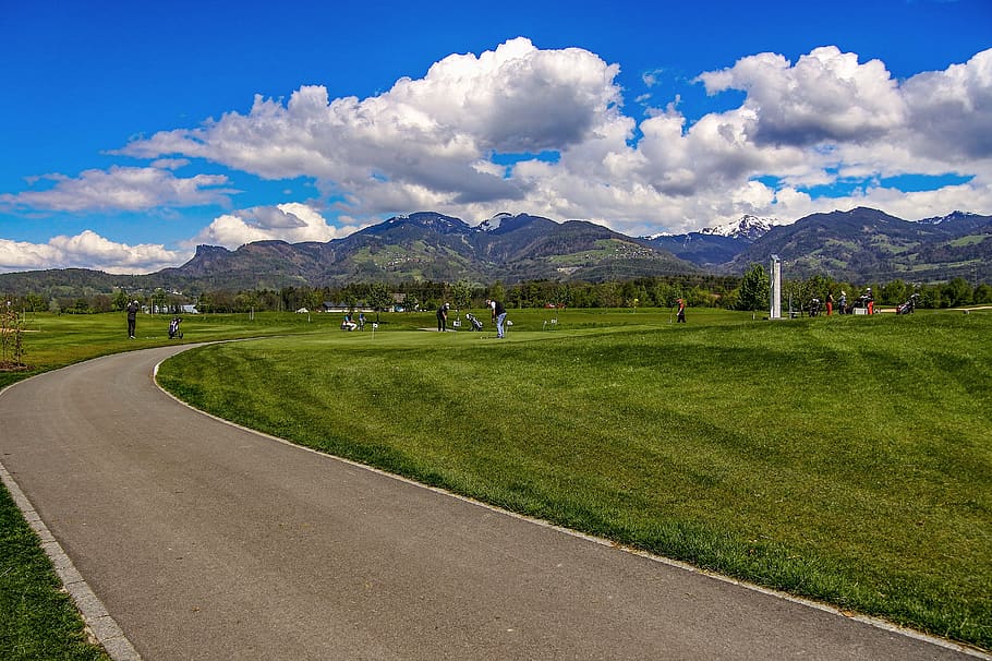 golf, sport, grass, tee, green, hobby, leisure, sky, mountain HD wallpaper