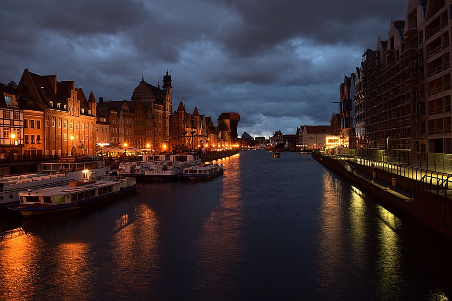 city, night, sky, river, water, poland, gdansk, cityscape, dark, HD wallpaper