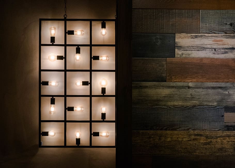 lighted bulb wall decor, indoors, illuminated, wood - material HD wallpaper