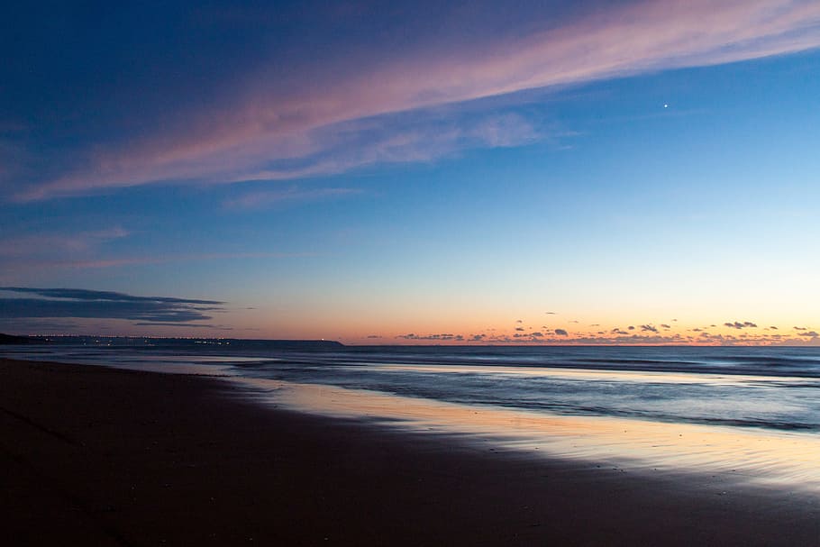 Time Lapse Photo of Seashore during Golden Hour, beach, clouds HD wallpaper