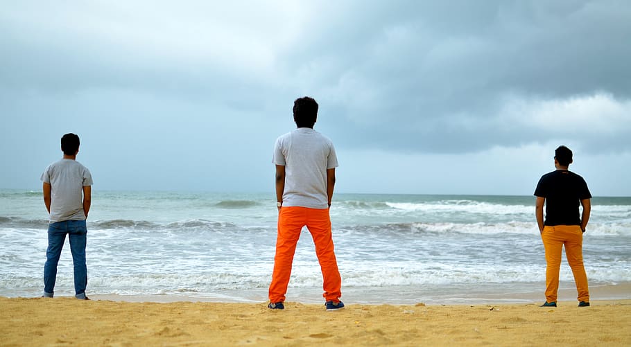 india, malpe, malpe beach, sea, land, rear view, water, men HD wallpaper