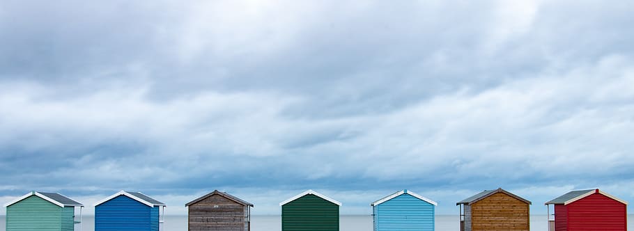 sky, storm, huts, colour, clouds, landscape, beach, coastal HD wallpaper