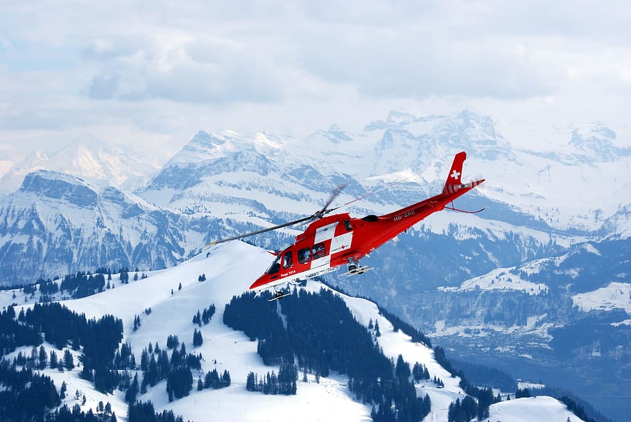 photo of flight of red and white rescue helicopter during snow daytime, HD wallpaper