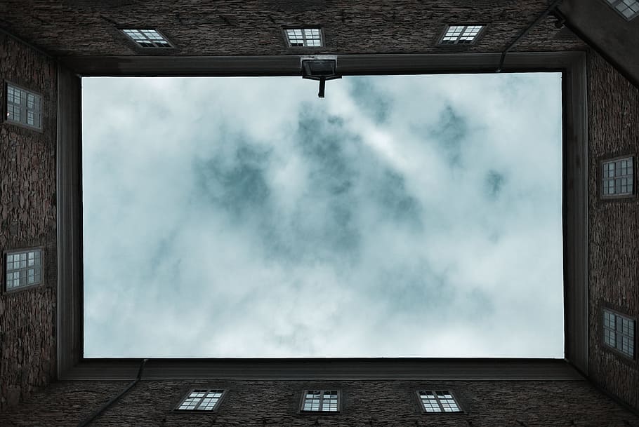 low angle view of sky, building, architecture, looking up, cloudscape