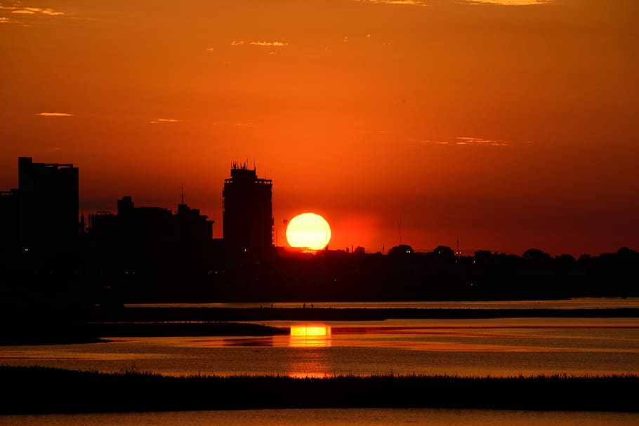 glow, red color, cbd, riverside, horizon, scenery, travel, paraguay asuncion HD wallpaper