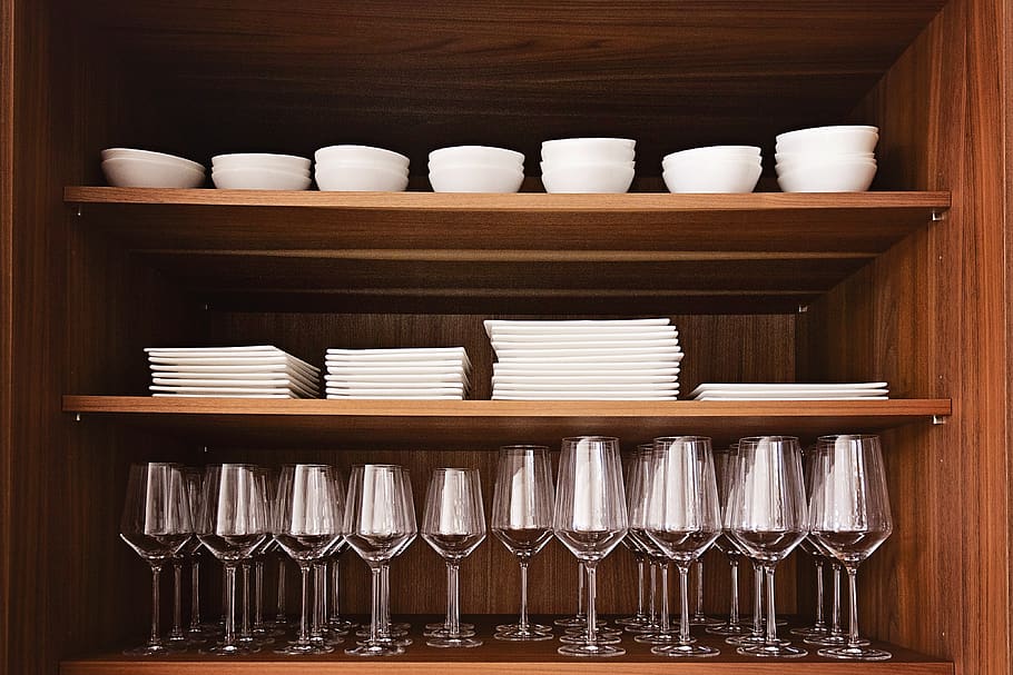 wood, shelf, glasses, tableware, cover, drink, cabinet, service HD wallpaper