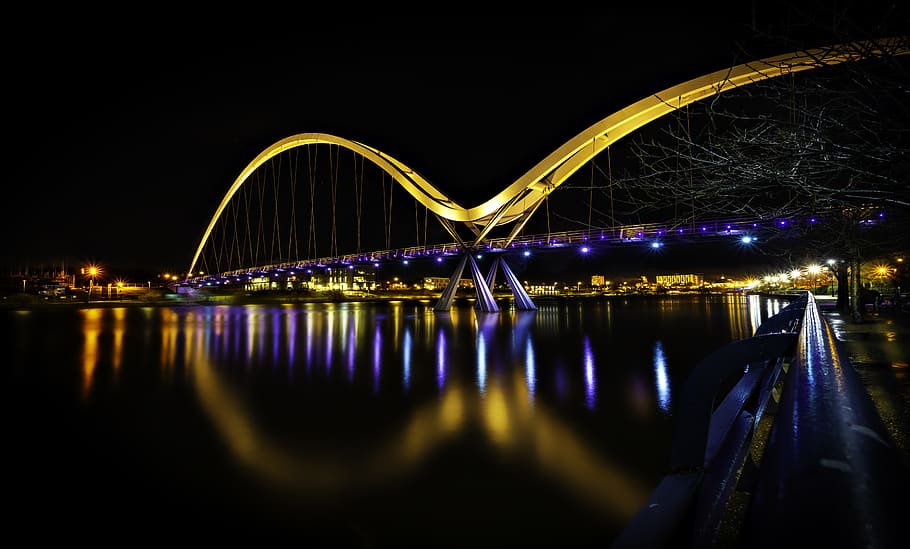 Bridge During Nighttime, architecture, dark, evening, reflection HD wallpaper