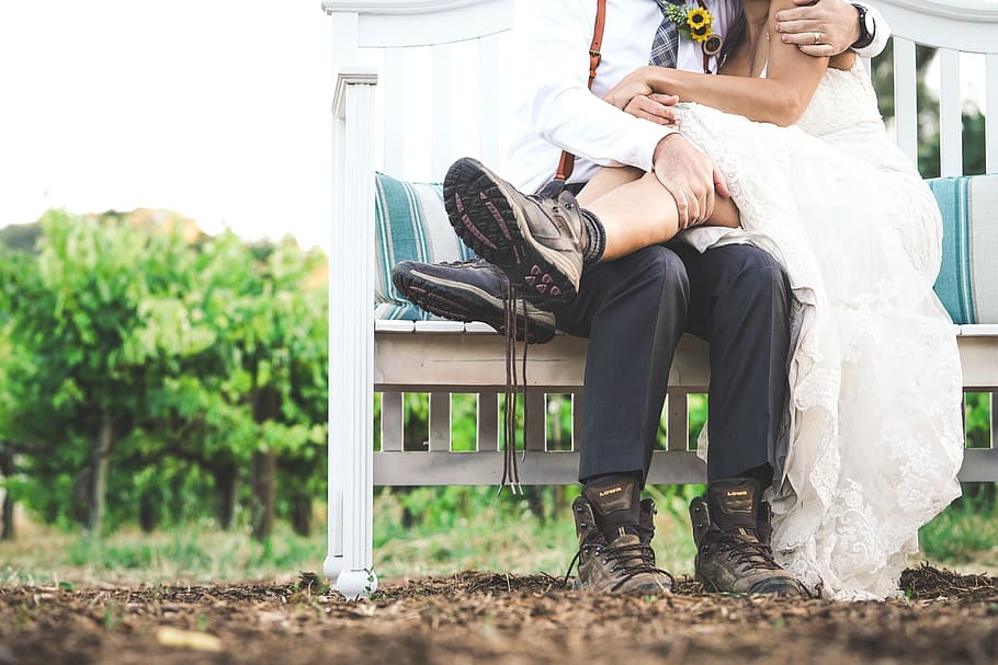bench, people, sitting, man, woman, bride, groom, wedding, gown HD wallpaper