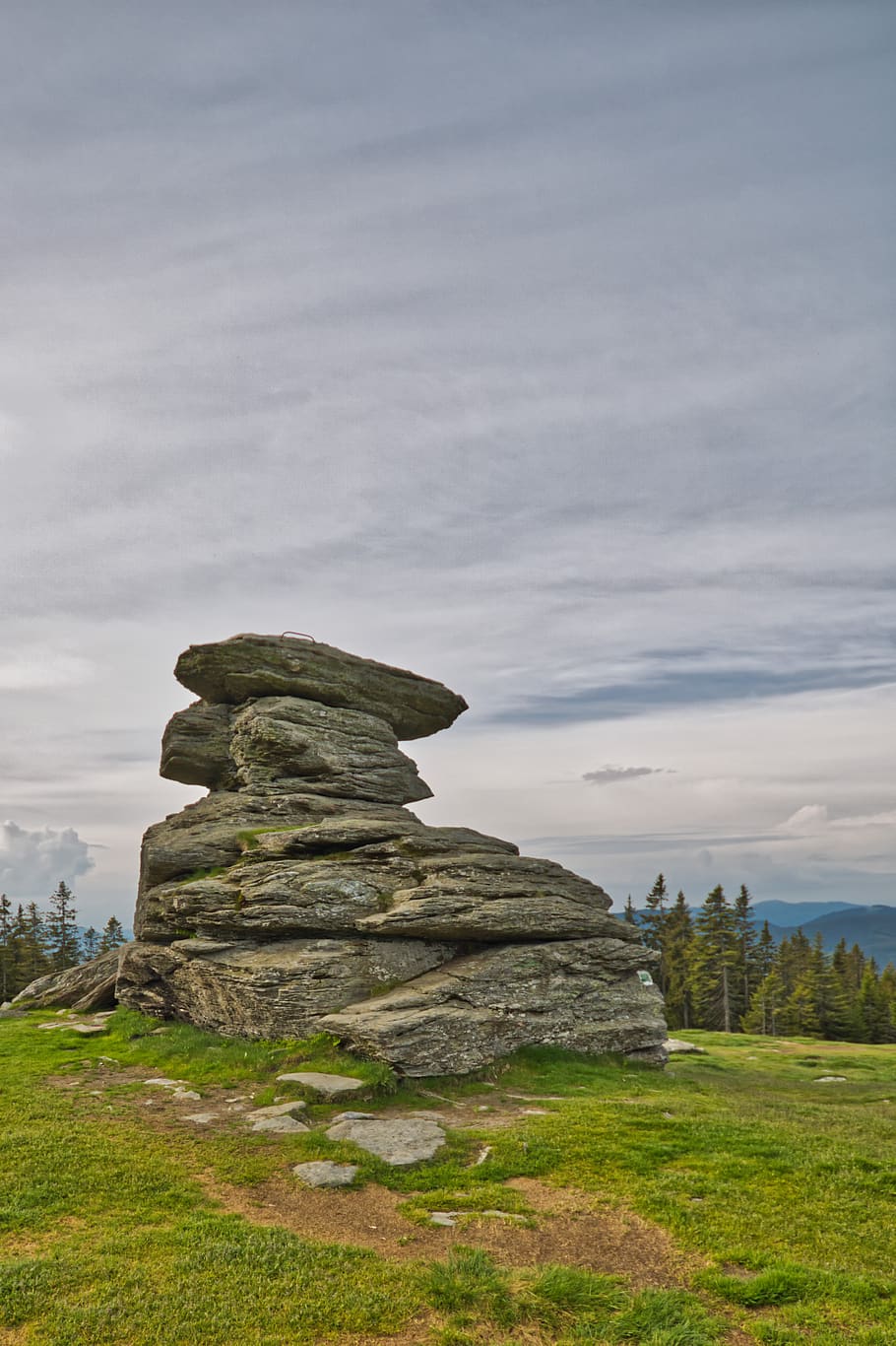 rock, devil stone, clouds, trees, nature, grass, green, meadow HD wallpaper