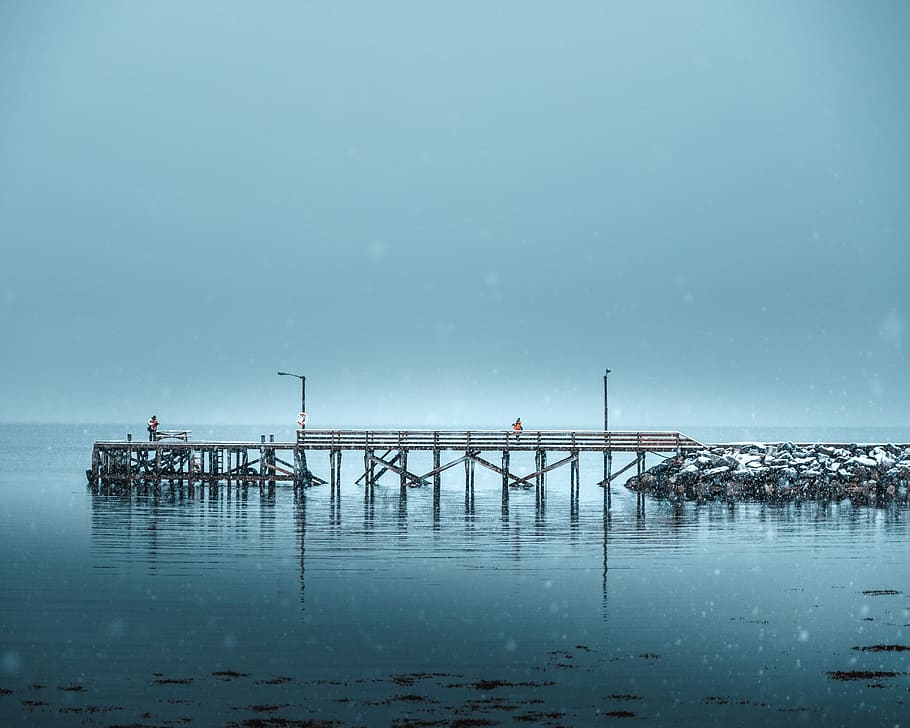 Boardwalk, dock, harbor, jetty, norway, ocean, pier, sea, snow HD wallpaper