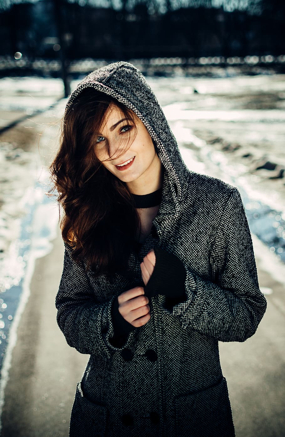 HD wallpaper woman wearing gray peacoat with hood winter warm