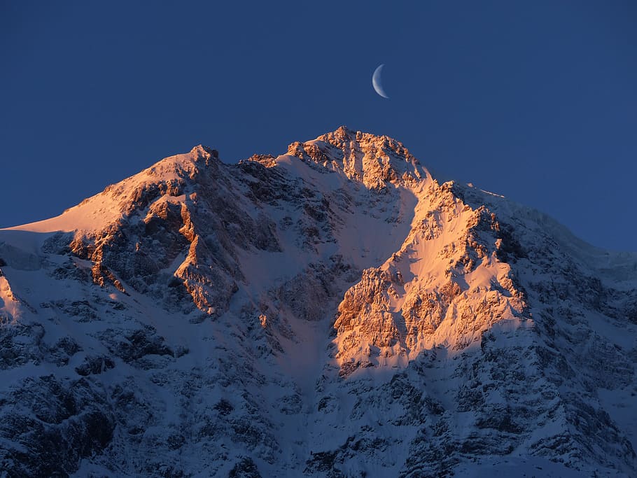 Crescent Moon over Snow Mountain, cold, nature, winter, cold temperature HD wallpaper