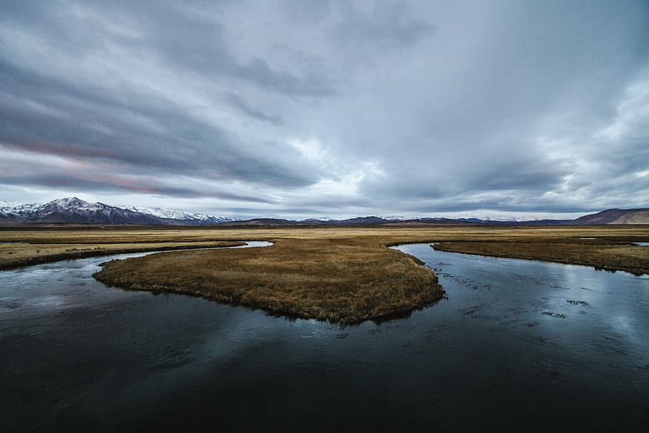 landscape photo, river, bend, rural, countryside, sky, cloud HD wallpaper