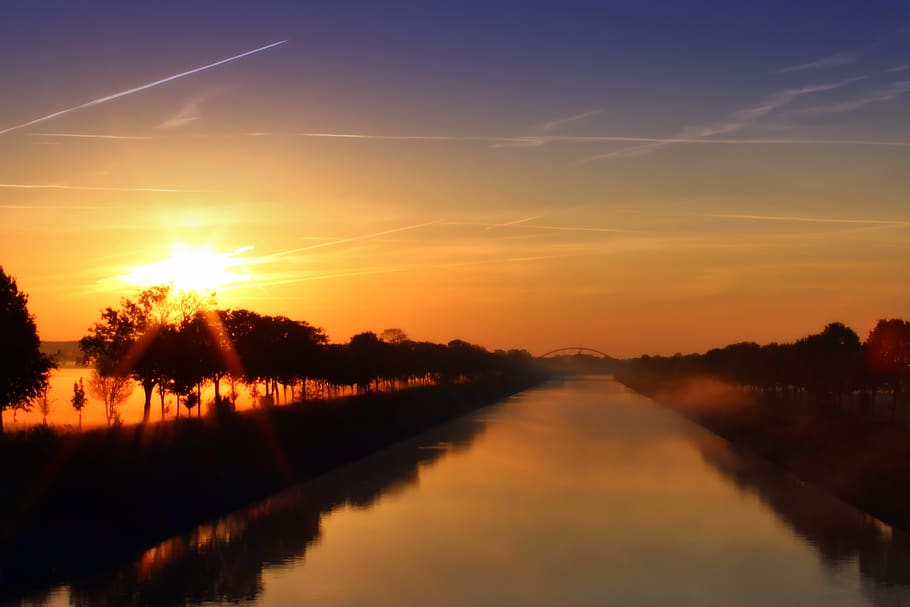 fog, river, water, sky, sunrise, bridge, waters, atmosphere HD wallpaper