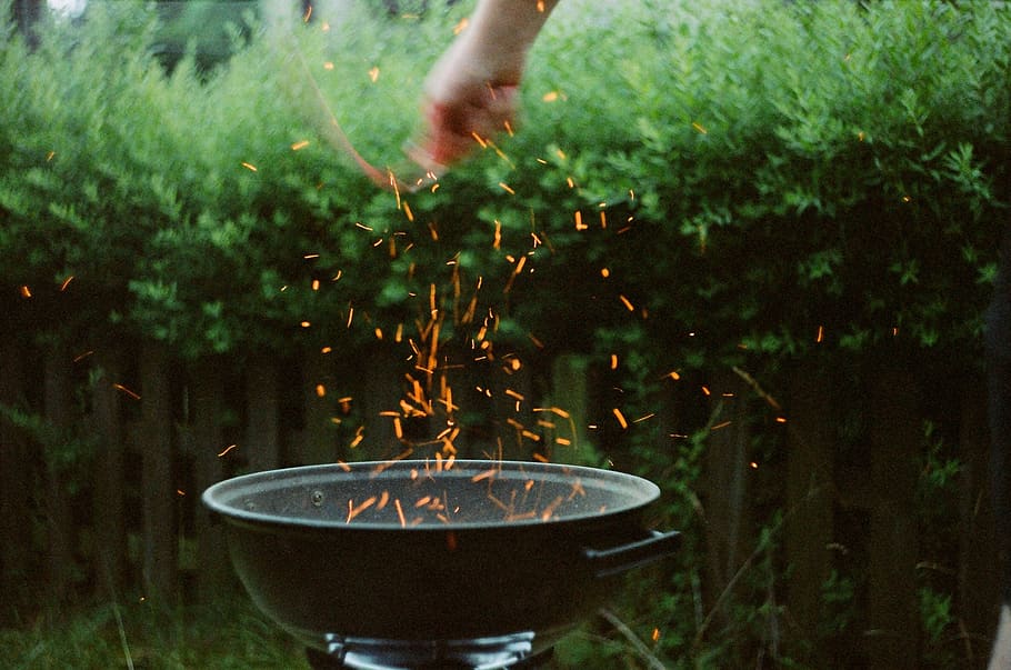 fire, sparks, green, bq, garden, evening, night, poland, zenit HD wallpaper