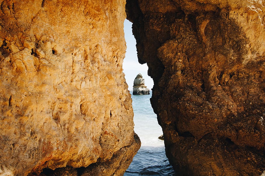 brown rock formation, water, no people, rock - object, solid HD wallpaper