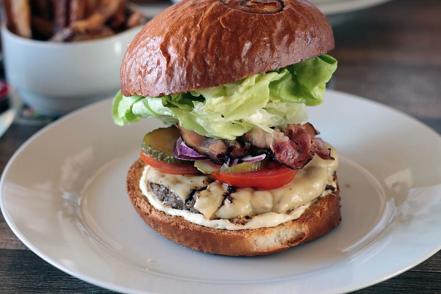 Burger on White Ceramic Plate, blur, bread, bun, close-up, delicious HD wallpaper