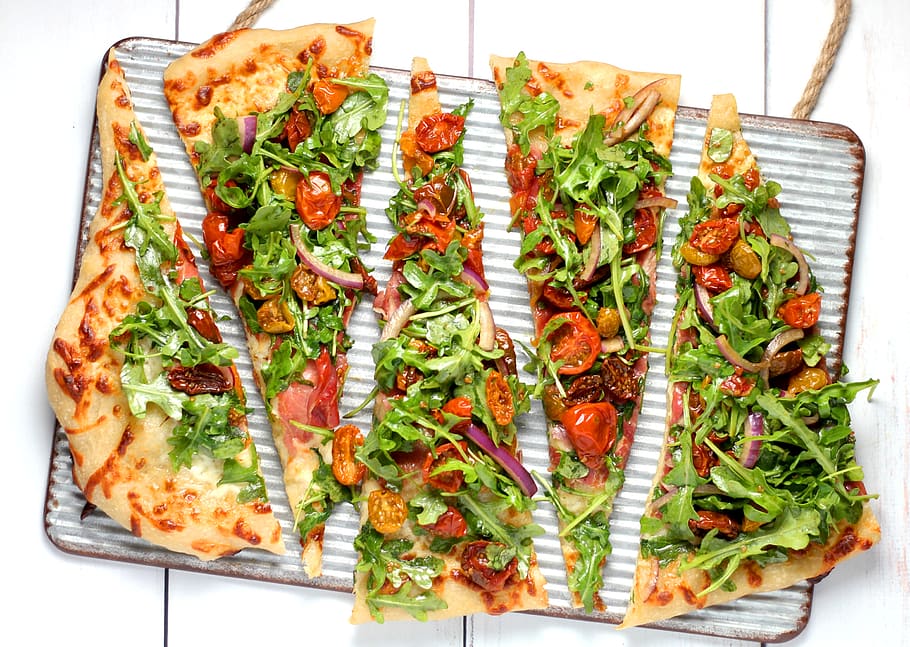 sliced vegetable pizza, food, plant, produce, dinner, arugula HD wallpaper