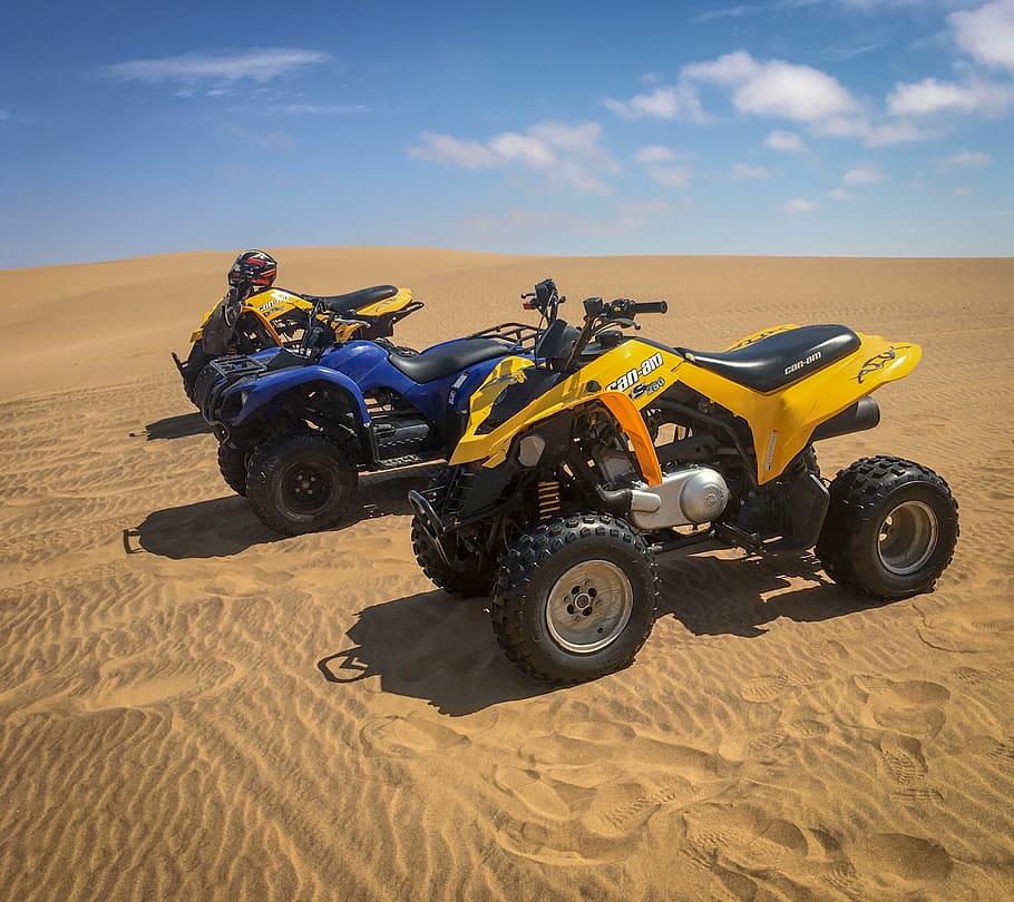 three ATV on sand dunes, mode of transportation, land, sky, desert HD wallpaper