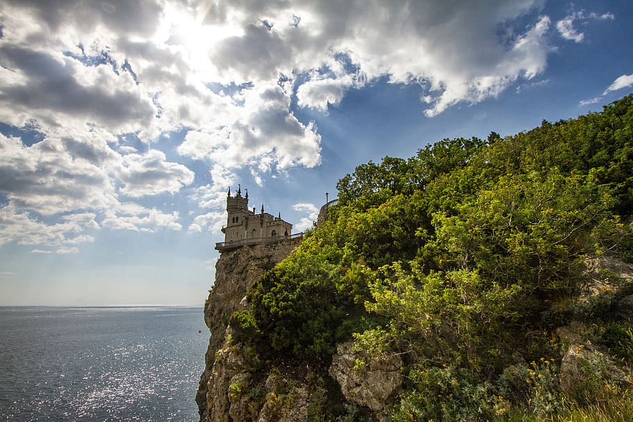 yalta, swallow's nest, sky, park, landscape, clouds, sunset, HD wallpaper