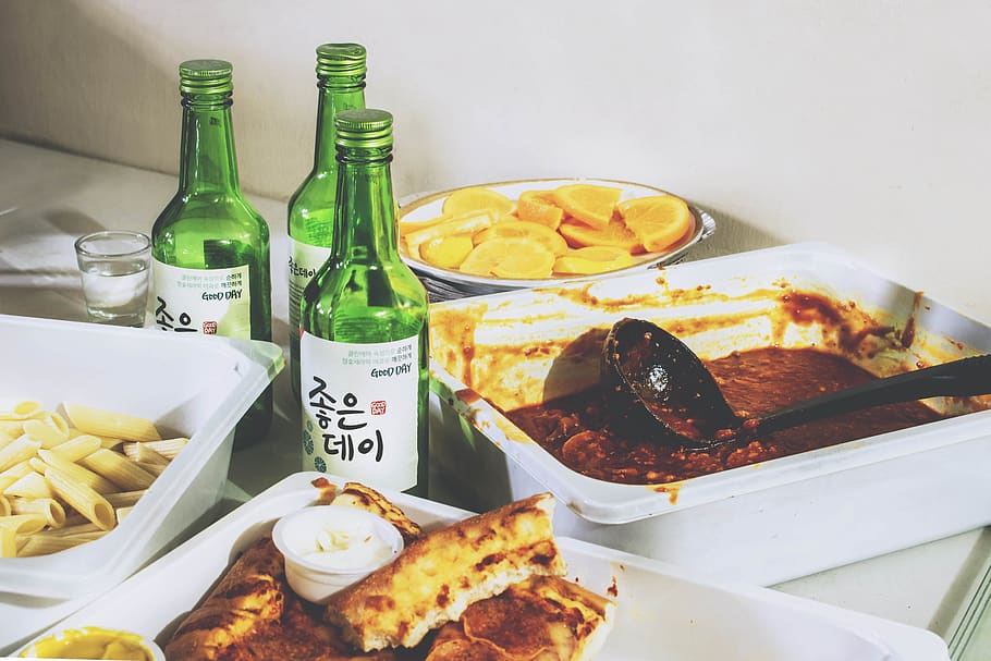 three glass bottles, food and drink, still life, ready-to-eat HD wallpaper