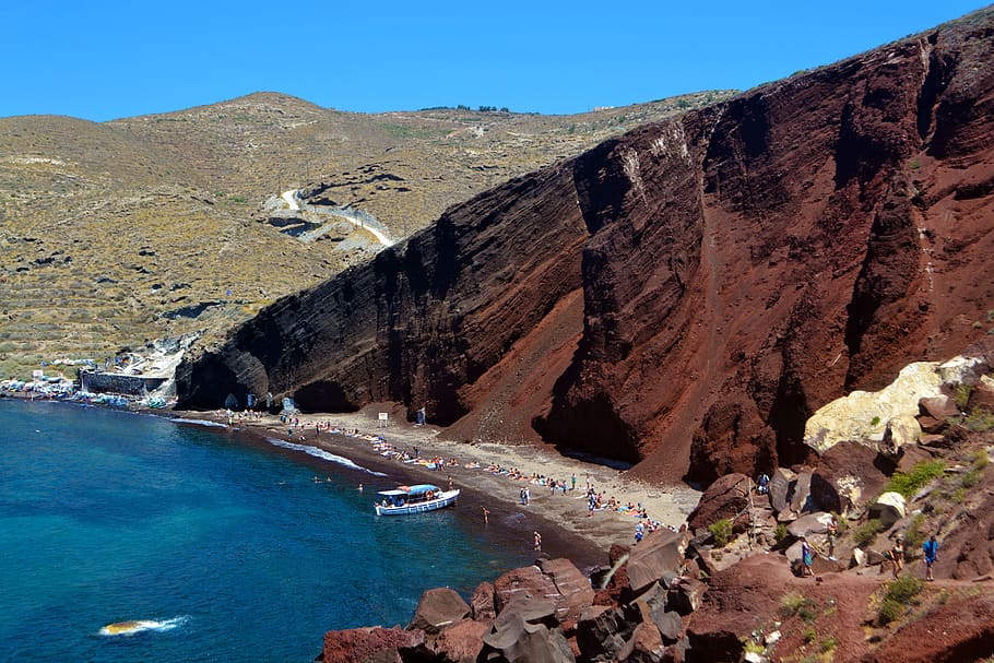 red beach, thira, blue, abandon beach, ocean, corfu, greece, HD wallpaper