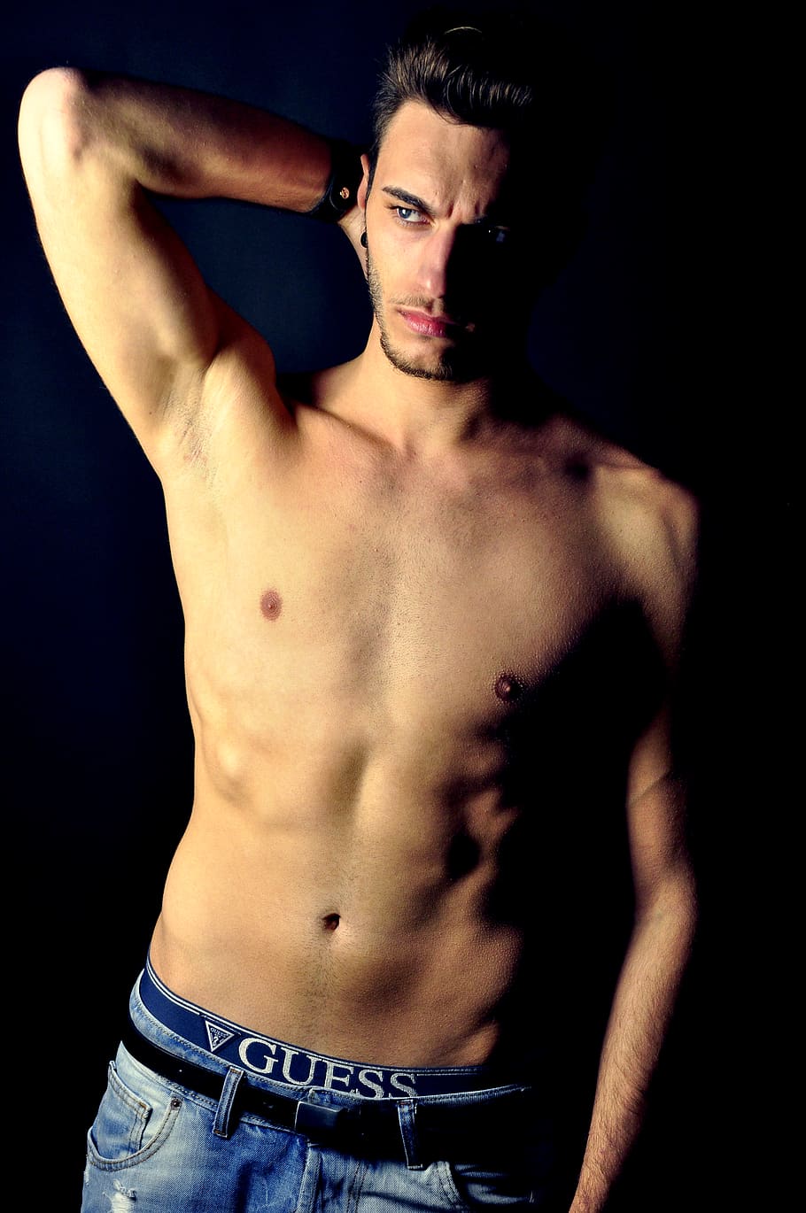 muscular build, one person, shirtless, studio shot, black background HD wallpaper