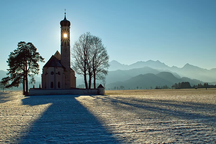 saint coloman, church, architecture, schwangau, winter, sky, HD wallpaper
