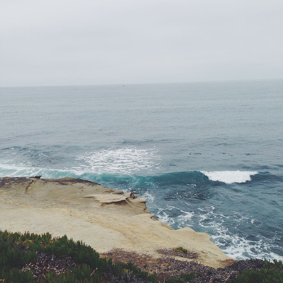 ocean, cliffs, blue, waves, tan, view, sea, beach, sand, water HD wallpaper