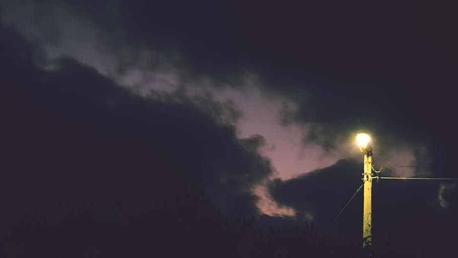 night, twilight, lamp, light post, clouds, background, wallpaper HD wallpaper