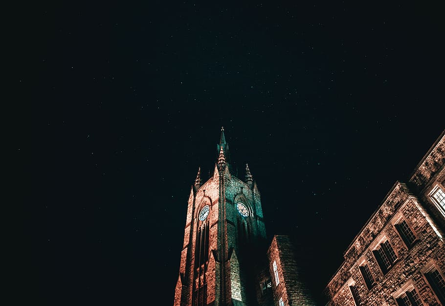 brown concrete cathedral, blue, light, star, night, london, university HD wallpaper