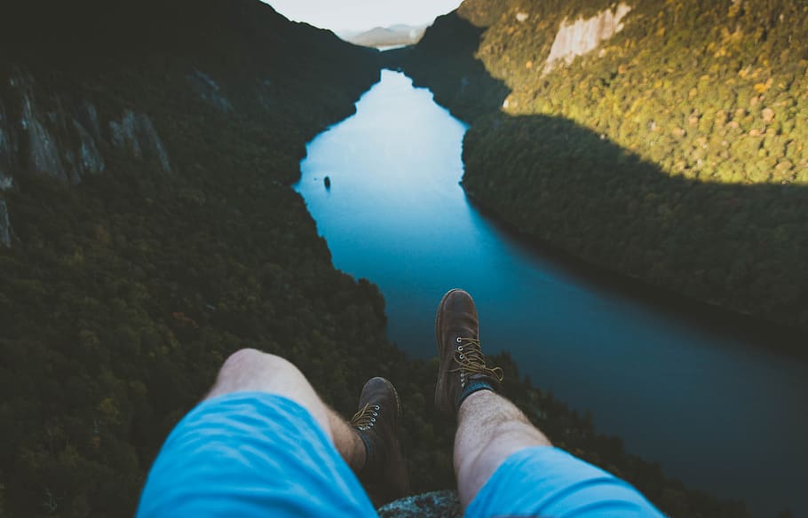nature, mountains, water, river, people, man, guy, legs, shoes HD wallpaper