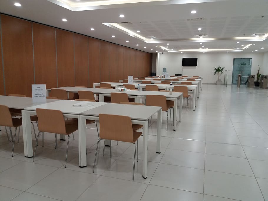 cafeteria, table, chairs, dining, workplace, furniture, indoors HD wallpaper