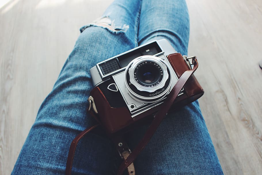 gray and brown camera, one person, casual clothing, jeans, technology HD wallpaper