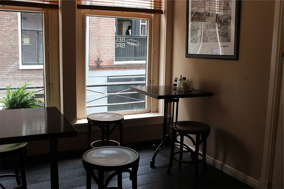 restaurant, tables, stools, seat, window, indoors, chair, absence HD wallpaper