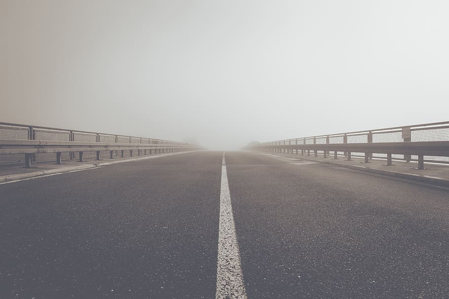 fog, road, highway, tar, central reservation, landscape, traffic, HD wallpaper