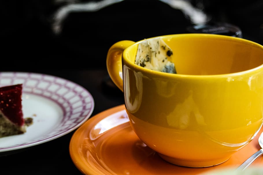 cup, tea, cake, yellow, food and drink, mug, crockery, hot drink HD wallpaper