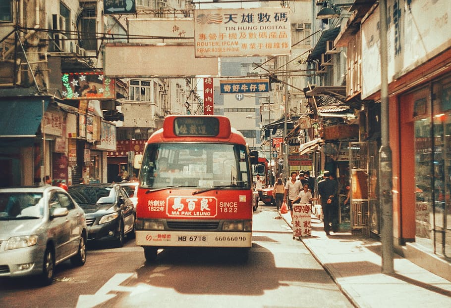 red bus near two cars during daytime, city, summer, hongkong, HD wallpaper