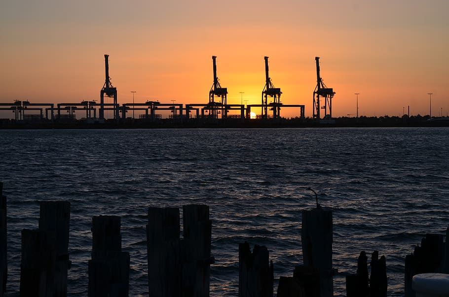 sea, sunset, rig, sky, water, industry, nature, silhouette HD wallpaper
