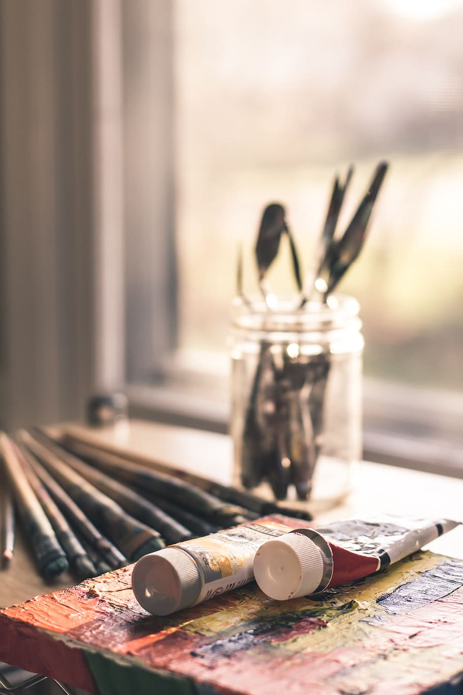 studio, artist, window, paint, knife, brush, color, paint pot HD wallpaper