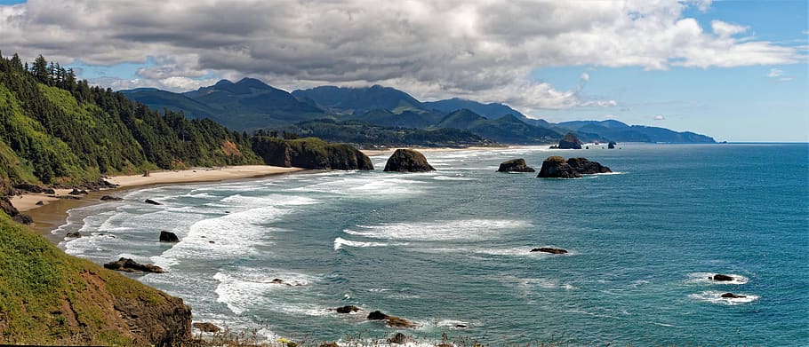 united states, cannon beach, ecola state park road, sky, water