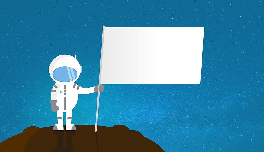 Cartoon Astronaut Holding Blank Flag - With Copyspace, earth
