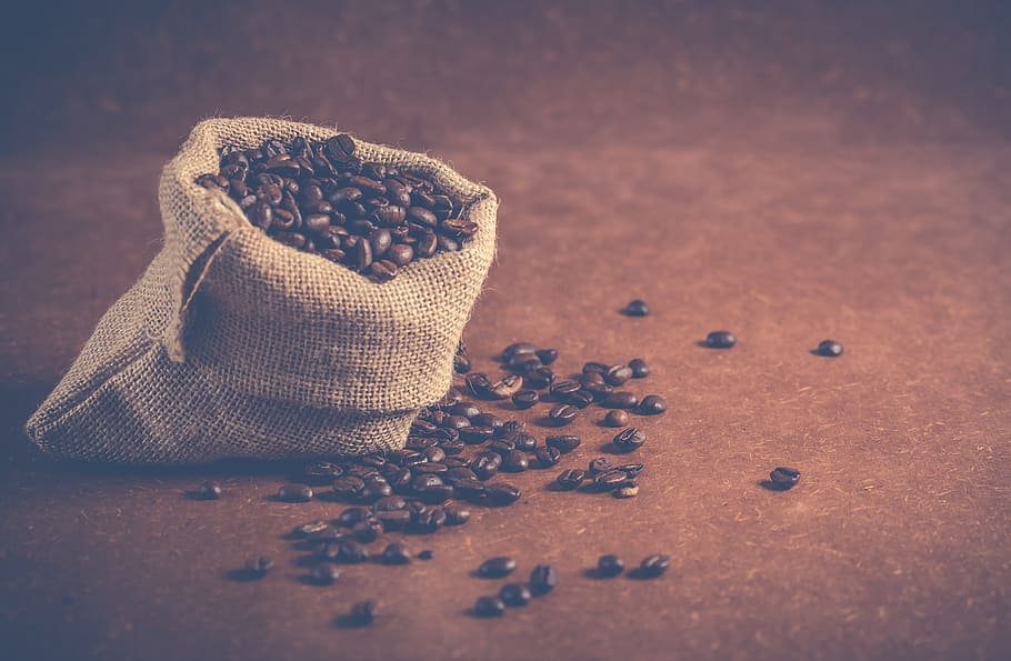 Coffee Beans on Gray Sack, aroma, aromatic, brown, burlap, caffeine