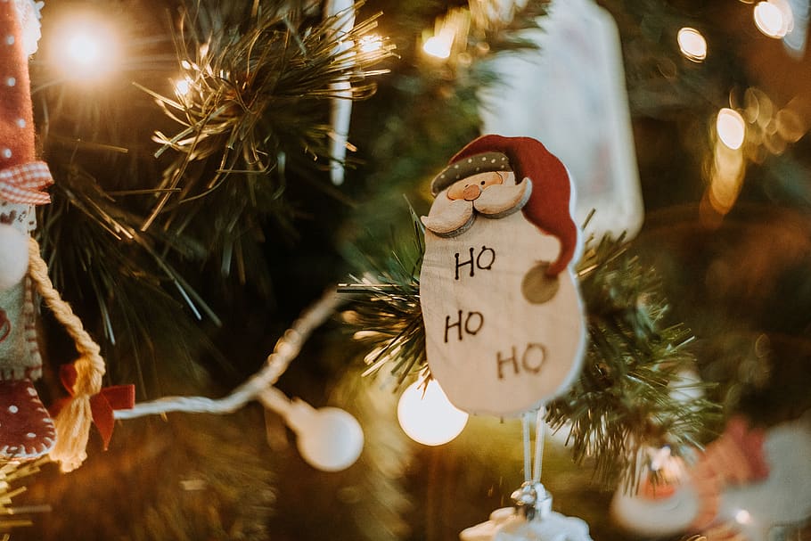 Santa Claus decor, festive, holiday, tree, ornament, christmas light HD wallpaper